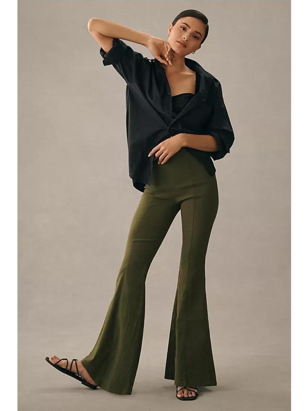 Anthropologie Maeve Olive Green Linen Blend Flare Trousers Size 10
